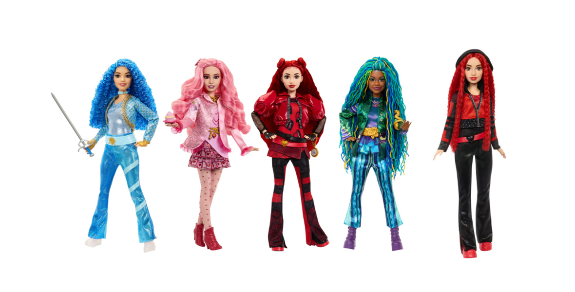 On the far left is the Princess Chloe Charming, Daughter of Cinderella Doll featuring her blue hair and outfit and she is holding a sword. Next is the Bridget, Young Queen of Hearts Doll with a pink outfit and hair. In the middle is the Red, Daughter of Queen of Hearts Doll with red hair and a red and black outfit. Fourth is the Uliana, Younger Sister of Ursula Doll with green and blue hair with a multicolored outfit. Fifth is the Singing Red Doll with a black and red outfit, red hair and a black hat.