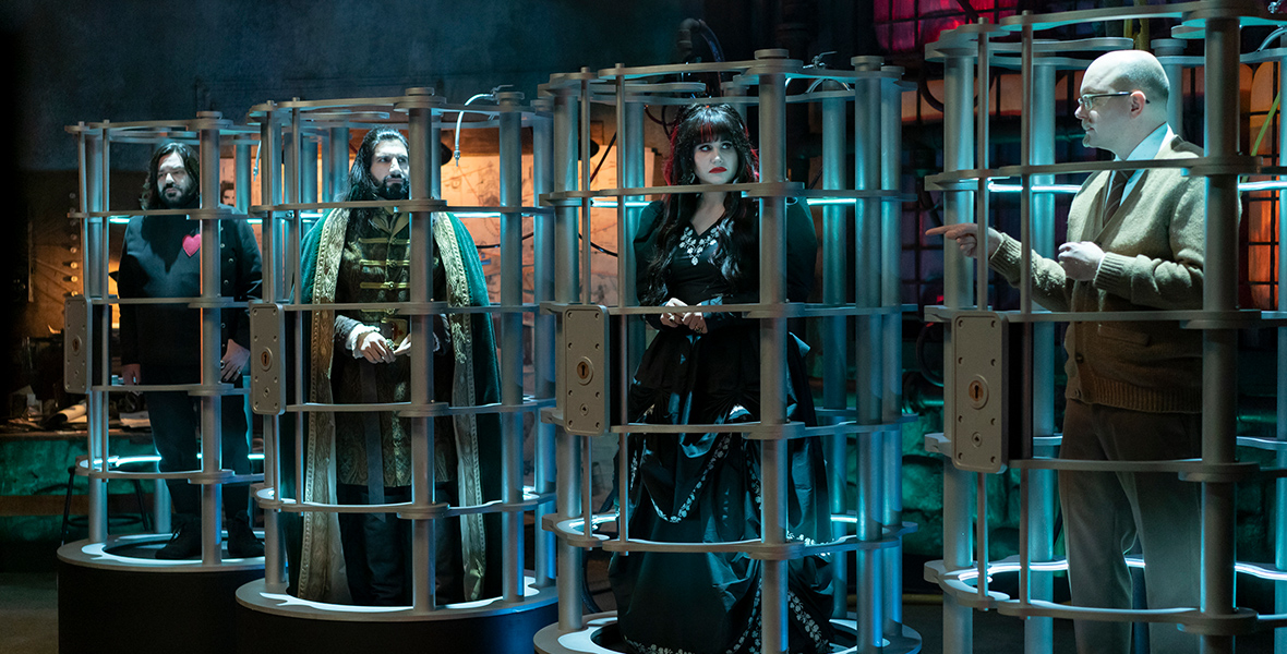 Laszlo, Nandor, Nadja, and Colin Robinson in What We Do in the Shadows