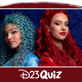 Chloe, a girl with blue hair in an all-blue outfit, and Red, a girl with red hair and an all-red outfit, stand back-to-back in a promotional photo from Descendants: The Rise of Red.