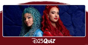 Chloe, a girl with blue hair in an all-blue outfit, and Red, a girl with red hair and an all-red outfit, stand back-to-back in a promotional photo from Descendants: The Rise of Red.