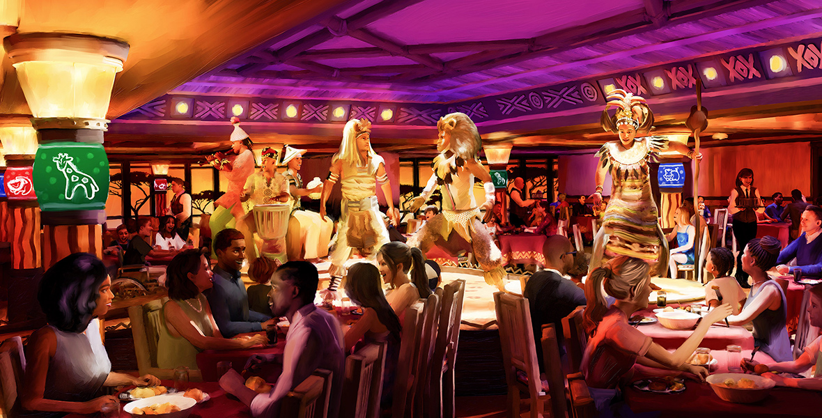 An artist rendering of Pride Lands: Feast of The Lion King aboard the Disney Destiny—a first-of-its-kind dining experience that features a colorful ensemble of live musicians and storytellers