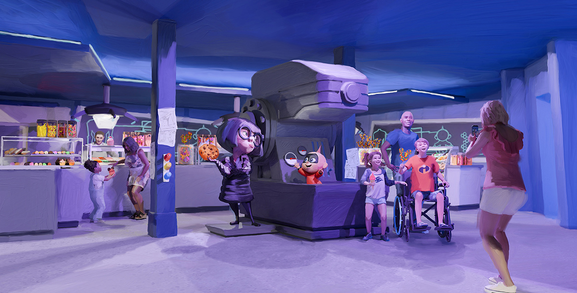 An artist rendering of guests at Edna Á La Mode Sweets aboard the Disney Destiny