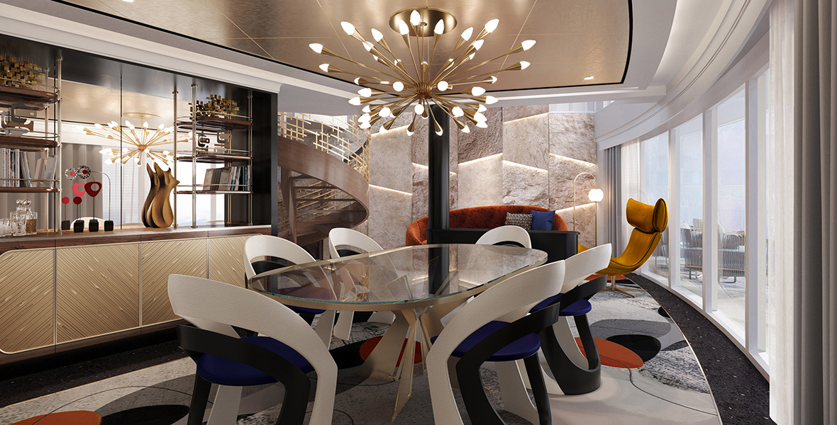 An artist’s rendering of the Incredibles-inspired Royal Suite aboard the Disney Destiny depicts a midcentury modern dining room, complete with a chandelier and bar.