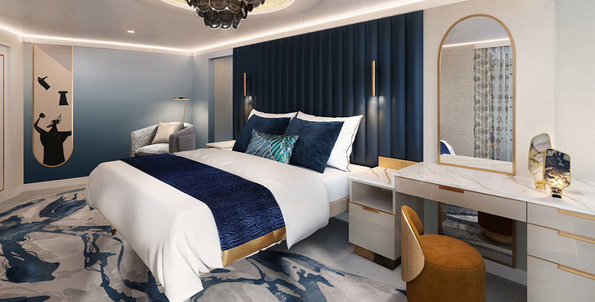 An artist’s rendering of the Hercules-inspired Royal Suite aboard the Disney Destiny features a blue, cream, white, and gold color scheme. A mural of Hades appears on an opposing wall, and a vanity with a rounded mirror is located to the right side of the bed.