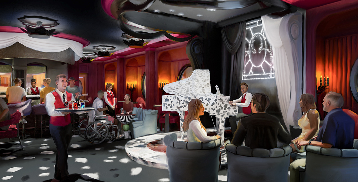 An artist rendering of De Vil's piano lounge aboard the Disney Destiny shows a waiter wearing a white shirt, red vest, black pants, and a black tie carrying a tray of red and blue cocktails. A pianist is playing a spotted piano, and an illuminated silhouette of Cruella de Vil appears behind him. Throughout the bar, the guests sit in red, white, and black chairs. 