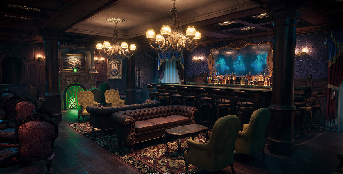 An artist rendering of the Haunted Mansion Parlor shows a dimly lit pub. Behind the well-stocked bar is a mirror in which the three Grim-Grinning Ghosts have materialized, mounted on the iconic purple, black, and white Haunted Mansion wallpaper. Two chandeliers are hanging on the ceiling above back-to-back burgundy leather sofas, an ornate rug, a marble coffee table, and green velvet chairs. A fireplace is illuminated green.