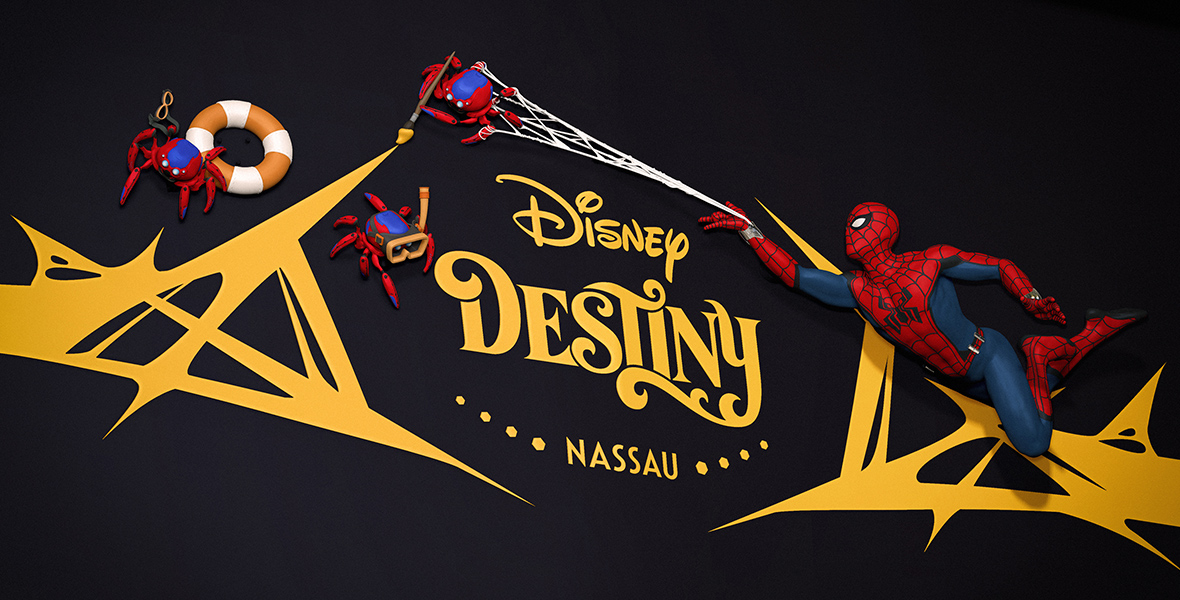 An artist rendering of the Disney Destiny stern depicts Spider-Man webbing up a Spider-Bot that is holding a paintbrush. Next to it are two additional Spider-Bots—one holding a striped innertube and a set of goggles and another wearing a scuba diving mask.