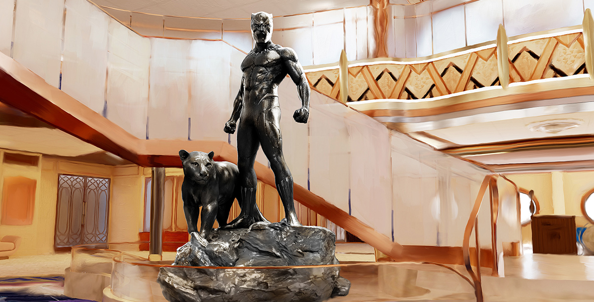 An artist rendering of the Disney Destiny Grand Hall depicts a statue of T’Challa, the Black Panther, next to a black panther. The statue is located in front of a large staircase.