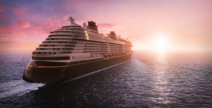 An artist rendering of the Disney Destiny at sea depicts the sun on the horizon.