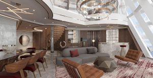An artist rendering of the Disney Destiny&rsquo;s Destiny Tower Suite depicts midcentury modern furniture, lighting fixtures, and d&eacute;cor. Inspired by Iron Man, the color palette is red, gray, white, and gold, and the industrial materials include leather and wood.