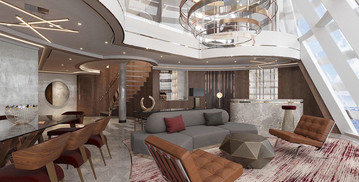 An artist rendering of the Disney Destiny’s Destiny Tower Suite depicts midcentury modern furniture, lighting fixtures, and décor. Inspired by Iron Man, the color palette is red, gray, white, and gold, and the industrial materials include leather and wood.