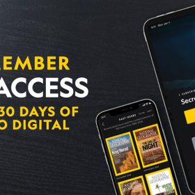 On a black background, appearing like a dark wood table, it says “D23 Member. Free access. Unlock 30 days of Nat Geo digital.” To the left of the words are two devices that look like an iPad and iPhone, both showing screenshots of what Nat Geo online could look like. The iPhone has images of the yellow bordered National Geographic publication covers, and the iPad has “Secret Antarctica,” with a Read Now button on the screen.