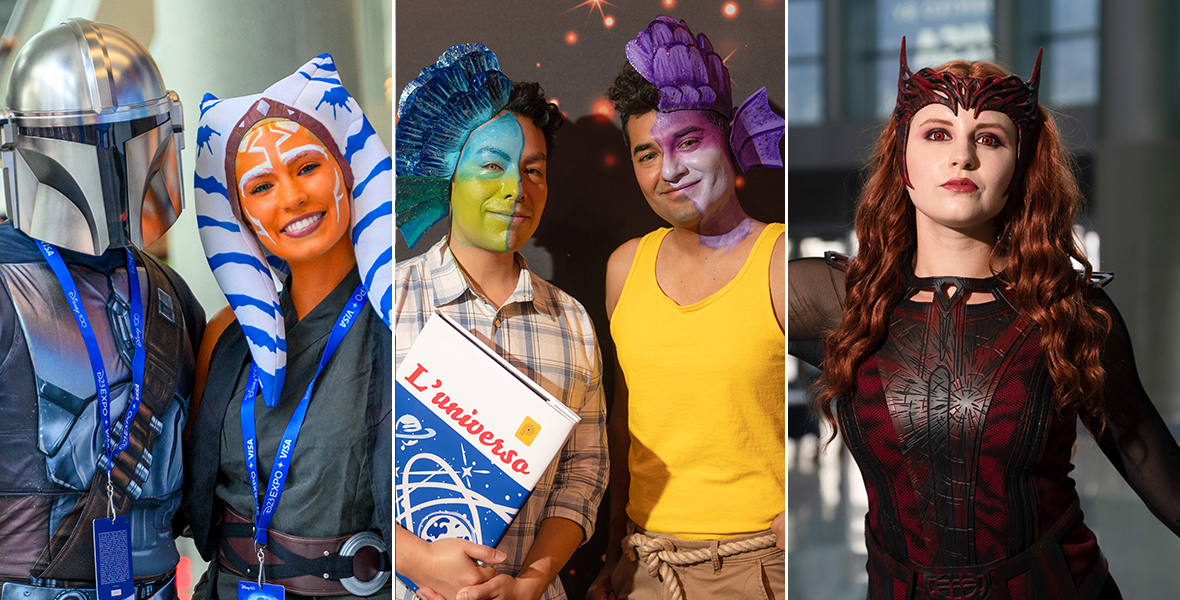 A triptych image showing fans from the previous D23 Cosplay Meet-Ups. On the left is an image of a cosplayer dressed as Winnifred Sanderson from the film Hocus Pocus, who faces the camera in surprise while her hands clutch a book. She sports fiery red hair and a velvety green and purple grown. The center image shows two cosplayers dressed as Ariel from The Little Mermaid. The cosplayer on the left is smiling and lifting her white gown off the floor slightly, while the cosplayer on the right is smiling at her while wearing a shimmering purple top and flowing green pants that resemble a mermaid tail. On the right is an image of a cosplayer dressed as Disneyland Park. She sports blue and white mickey ears and a gown that portray the classic castle and curly short red hair. Her hands are gently clasped as she smiles at the camera, showing off her pearl-colored nails. 