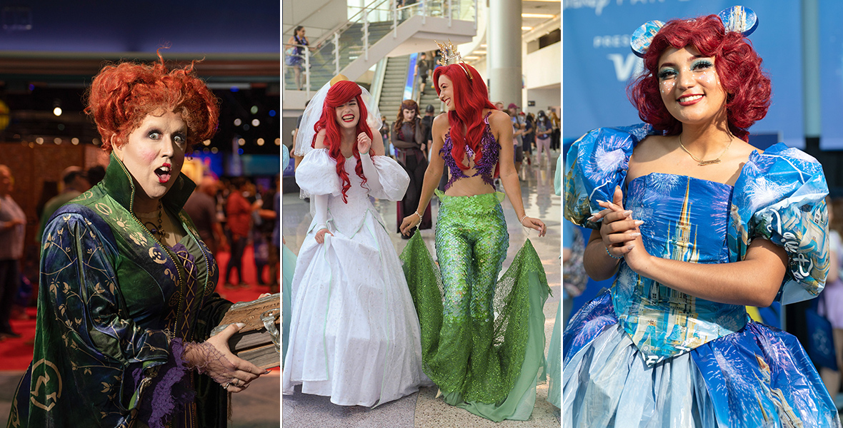 A triptych image showing fans from the previous D23 Cosplay Meet-Ups. On the left is an image of a cosplayer dressed as Winnifred Sanderson from the film Hocus Pocus, who faces the camera in surprise while her hands clutch a book. She sports fiery red hair and a velvety green and purple grown. The center image shows two cosplayers dressed as Ariel from The Little Mermaid. The cosplayer on the left is smiling and lifting her white gown off the floor slightly, while the cosplayer on the right is smiling at her while wearing a shimmering purple top and flowing green pants that resemble a mermaid tail. On the right is an image of a cosplayer dressed as Disneyland Park. She sports blue and white mickey ears and a gown that portray the classic castle and curly short red hair. Her hands are gently clasped as she smiles at the camera, showing off her pearl-colored nails.