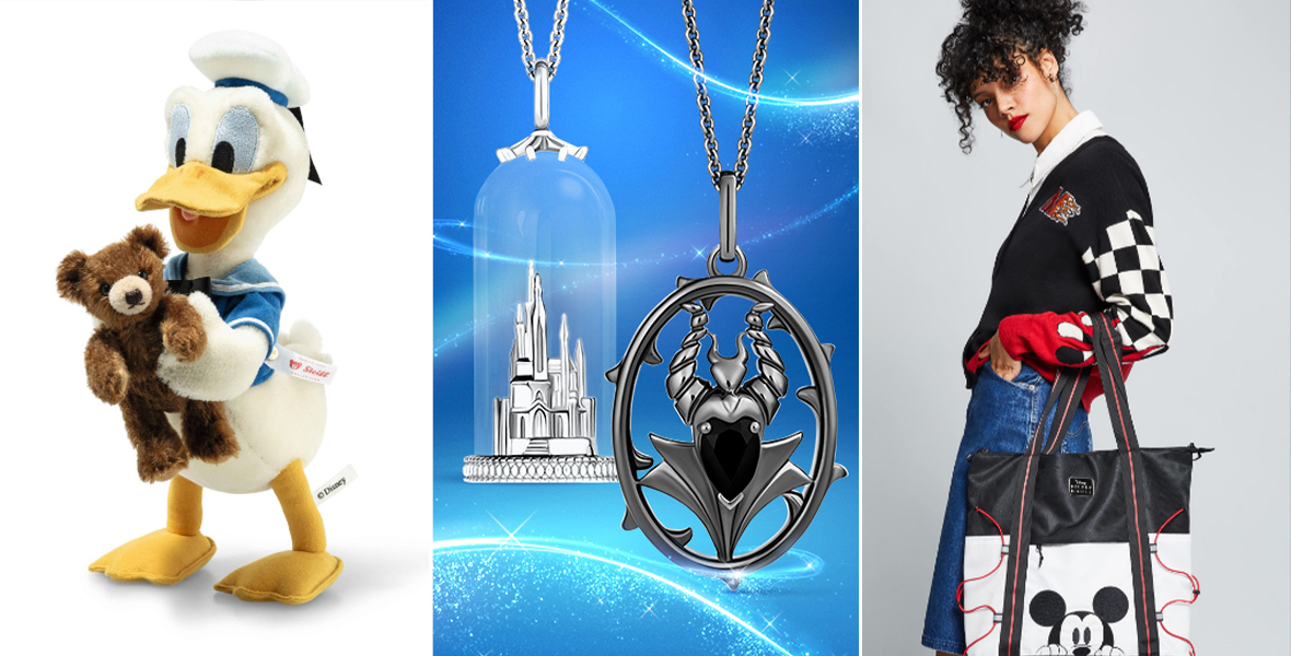 The image is a collage featuring three distinct Disney-themed items. On the left, there is a plush toy of Donald Duck wearing his classic sailor outfit and holding a small teddy bear, showcasing a cute and cuddly design. In the center, there are two pieces of Disney-themed jewelry against a blue, starry background. One is a silver necklace featuring a detailed miniature of Cinderella's Castle encased in a glass dome. The other is a pendant of Maleficent in her dragon form, intricately designed with a black gemstone at the center. On the right, there is a stylish young woman wearing a black and white varsity-style jacket with a checkered sleeve design, holding a large tote bag. The tote bag is black and white with a Mickey Mouse face prominently displayed on the front, combining fashion with a touch of Disney magic.