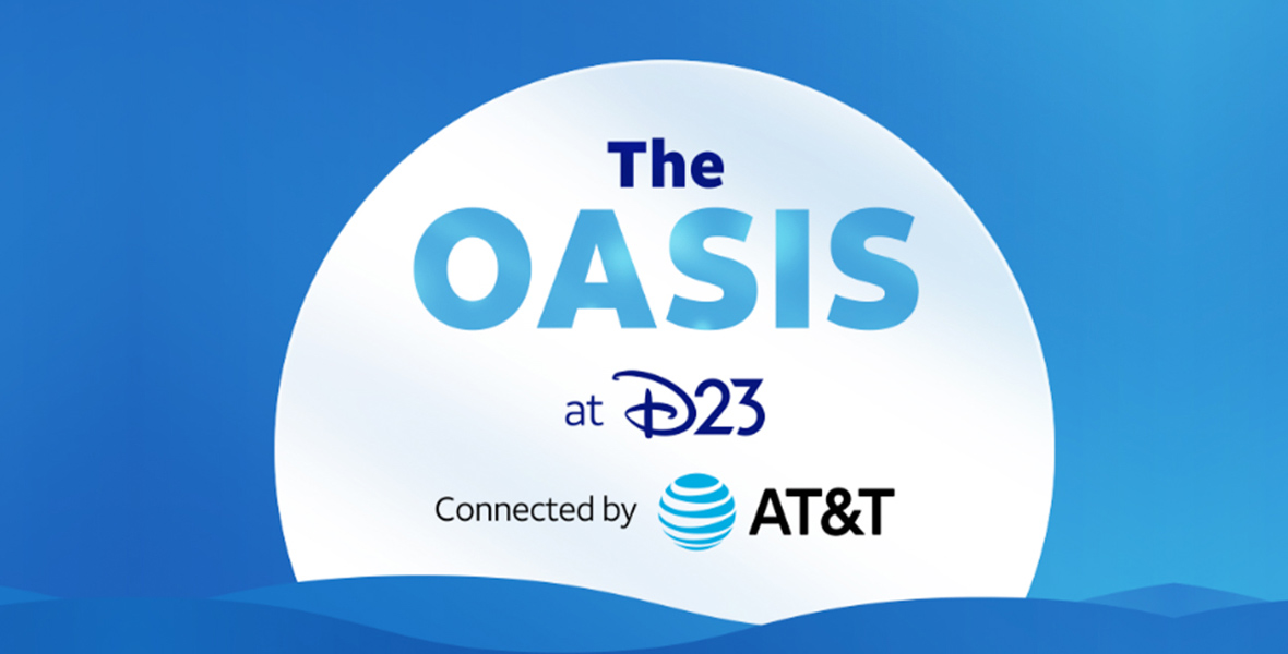 Graphic with a blue background and white circle in the center. Inside the circle, the text reads 'The OASIS at D23' in a gradient blue font. Below that, 'Connected by AT&T' is written, with the AT&T logo to the left.