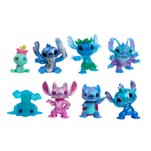8 different variations of the petite Stitch collectible figure are posed in two lines of four, one on top of the other. Stitch is shown in various fun, expressive poses.