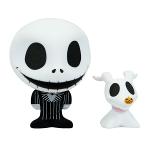 The Jack Skellington figurine stands in his signature striped attire, with a small figure of his ghostly companion Zero perched next to him.