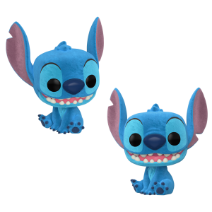 The Stitch Funko pop is pictured sitting in two different positions, smiling mischievously.