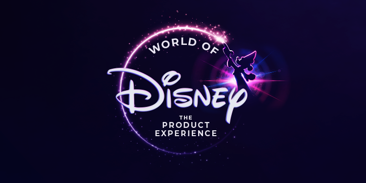 Logo of 'World of Disney: The Product Experience' featuring a stylized Mickey Mouse silhouette casting a magical glow within a circular frame against a dark background.