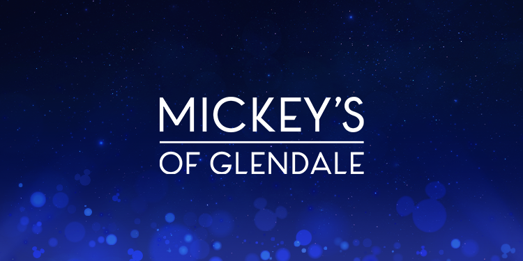 Logo of 'Mickey's of Glendale' set against a dark blue, starry background with subtle Mickey Mouse-shaped light effects.