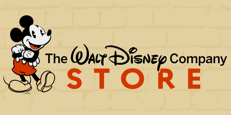 Logo of 'The Walt Disney Company Store' featuring a classic Mickey Mouse illustration, set against a warm, beige brick wall background.