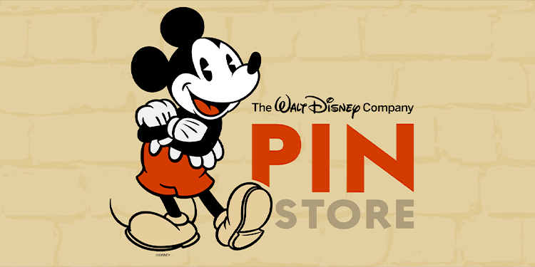 Logo of 'The Walt Disney Company Pin Store' featuring a classic Mickey Mouse illustration, set against a warm, beige brick wall background.