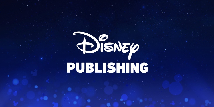 Logo of 'Disney Publishing' set against a starry night sky background with soft, glowing light effects and subtle Mickey Mouse silhouettes.