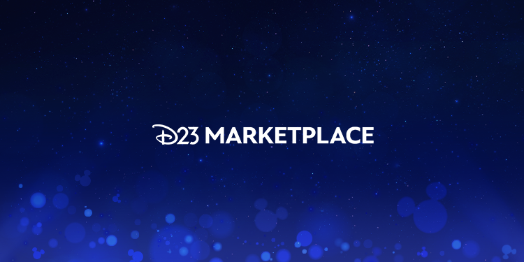 Logo of 'D23 Marketplace' set against a starry night sky background with soft, glowing light effects and subtle Mickey Mouse silhouettes.