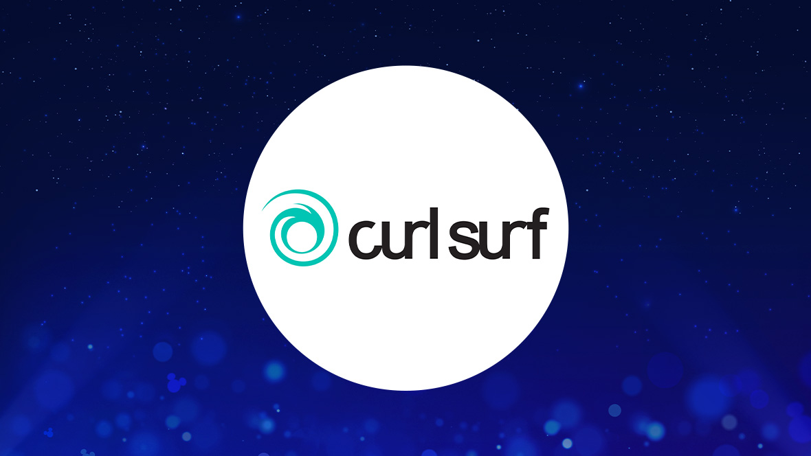 The image shows a logo for Curl Surf on a dark blue background with a white circle in the center. Inside the circle, the logo features a stylized turquoise wave icon followed by the text "curl surf" in black lowercase letters.