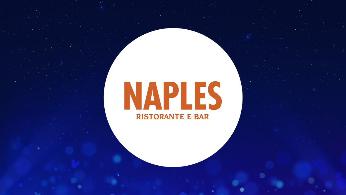 The image features a white circle centered against a deep blue background with small light effects and sparkling points, creating a magical atmosphere. Inside the circle, the text "NAPLES" is written in bold, uppercase orange letters. Below "NAPLES," the text "RISTORANTE E BAR" is written in smaller, uppercase orange letters, indicating an Italian restaurant and bar.