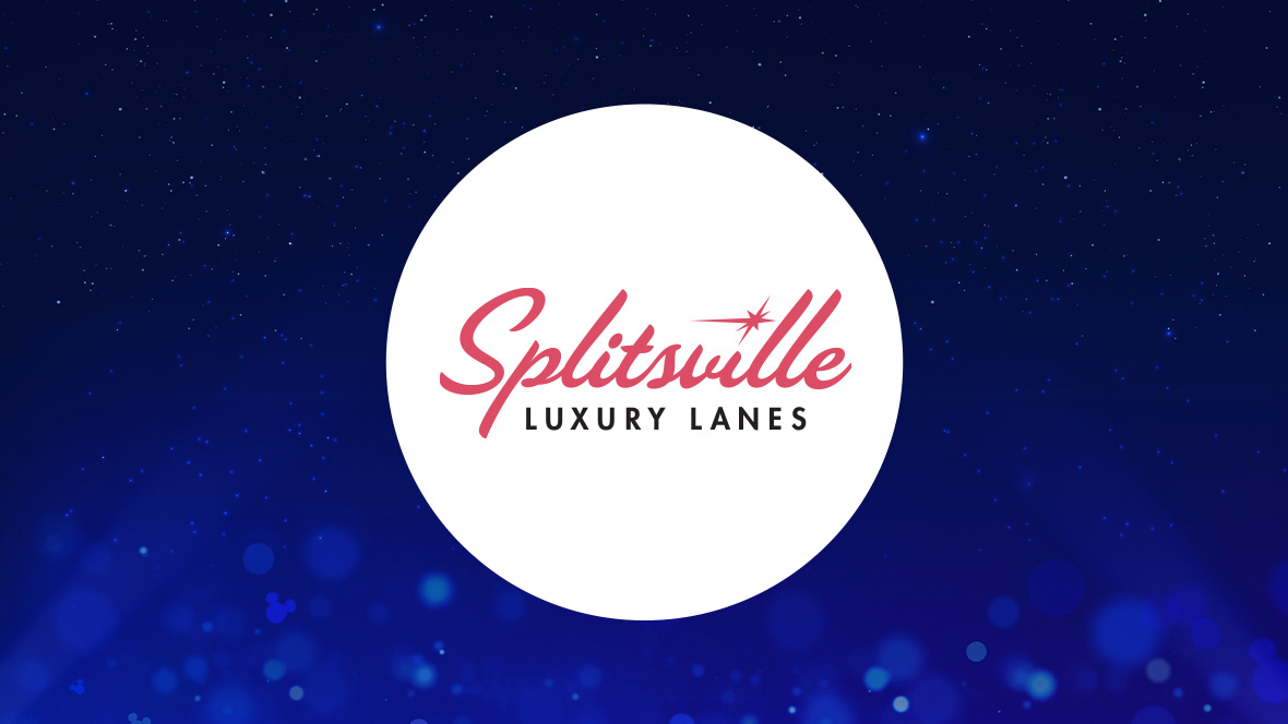 The image features a white circle centered on a deep blue background with subtle light effects and sparkling points. Inside the circle, the text "Splitsville" is displayed in a red, cursive font. Below "Splitsville," the text "LUXURY LANES" is written in uppercase black letters. There is a small starburst design in red near the end of the word "Splitsville."