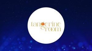 The image features a white circle centered against a deep blue background with small light effects and sparkling points, creating a magical atmosphere. Inside the circle, the text "tangerine room" is written in a stylized golden font. The "o" in "tangerine" is represented by a small orange with a green leaf, and the "o" in "room" is styled to look like two interlocking rings.