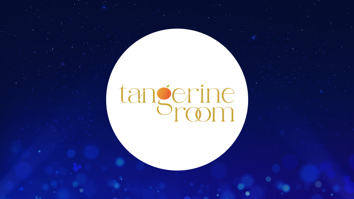 The image features a white circle centered against a deep blue background with small light effects and sparkling points, creating a magical atmosphere. Inside the circle, the text "tangerine room" is written in a stylized golden font. The "o" in "tangerine" is represented by a small orange with a green leaf, and the "o" in "room" is styled to look like two interlocking rings.