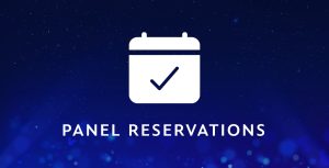 A white calendar icon with a checkmark against a sparkly dark blue background. White text at the bottom reads “Panel Reservations.”
