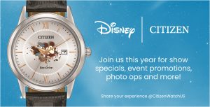 Image featuring a Citizen Eco-Drive watch with an illustration of Mickey Mouse and Donald Duck on the watch face. The background is a blue gradient with white speckles resembling stars. The text on the right reads: 'Disney | Citizen. Join us this year for show specials, event promotions, photo ops and more! Share your experience @CitizenWatchUS.'