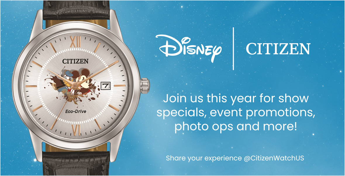 Image featuring a Citizen Eco-Drive watch with an illustration of Mickey Mouse and Donald Duck on the watch face. The background is a blue gradient with white speckles resembling stars. The text on the right reads: 'Disney | Citizen. Join us this year for show specials, event promotions, photo ops and more! Share your experience @CitizenWatchUS.'