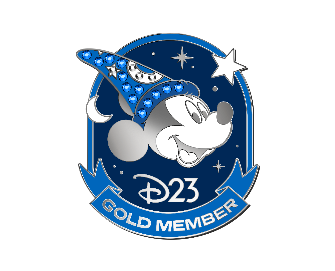 The image shows a D23 Gold Member pin featuring Mickey Mouse. Mickey is depicted in profile, smiling and wearing the iconic sorcerer's hat adorned with blue gemstones and celestial symbols like stars and moons. The background is a dark blue, starry night sky with additional stars scattered around Mickey. Below Mickey's image, the D23 logo is prominently displayed, and a blue ribbon at the bottom reads "GOLD MEMBER." The overall design is elegant and highlights the prestigious Gold Member status within the D23 Disney Fan Club.