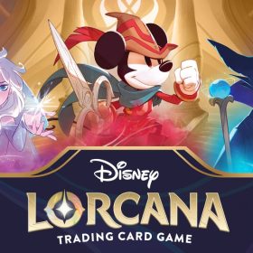 The Disney Lorcana Trading Card Game logo is featured in the center, with the Ravensburger logo inserted in the bottom right corner. Three Lorcana characters are featured from left to right: Snow Queen Elsa, Brave Little Tailor Mickey Mouse, and Sinister Villain Maleficent.