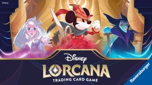 The Disney Lorcana Trading Card Game logo is featured in the center, with the Ravensburger logo inserted in the bottom right corner. Three Lorcana characters are featured from left to right: Snow Queen Elsa, Brave Little Tailor Mickey Mouse, and Sinister Villain Maleficent.