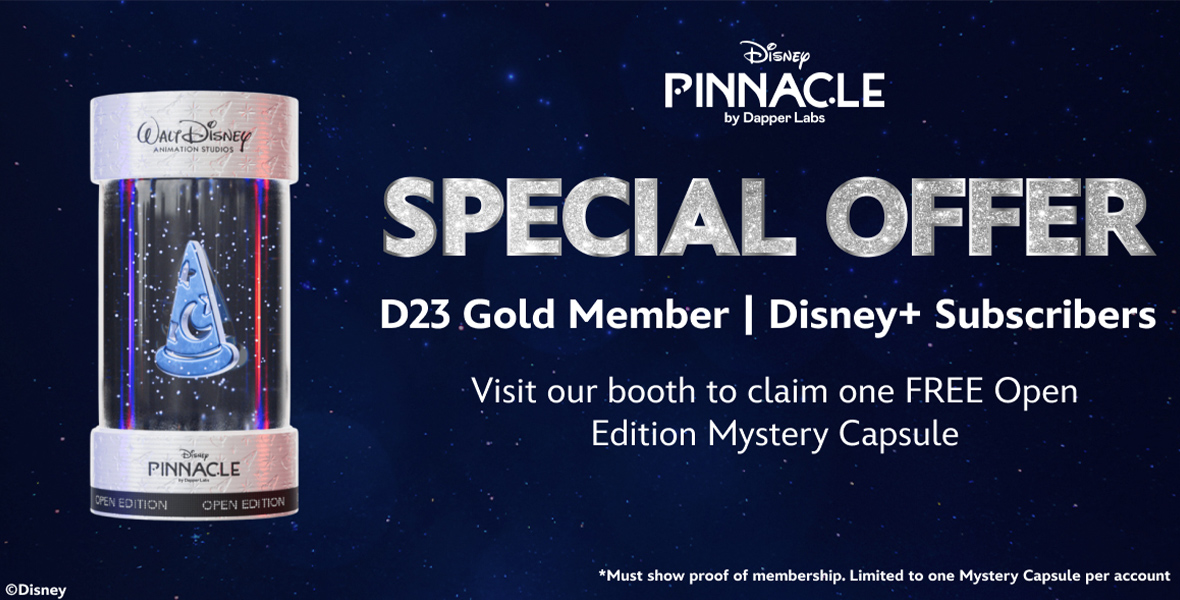 The image is an advertisement for a special offer related to "Disney Pinnacle by Dapper Labs." The offer is targeted at D23 Gold Members and Disney+ subscribers. The background is a starry night sky, adding a magical and enchanting feel.