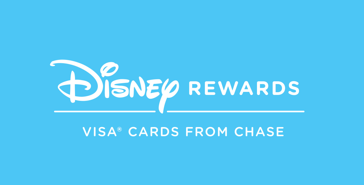 Disney Rewards logo on a blue background with the text 'Disney Rewards' in white, followed by a horizontal line underneath. Below the line, the text 'Visa® Cards from Chase' is written in white.