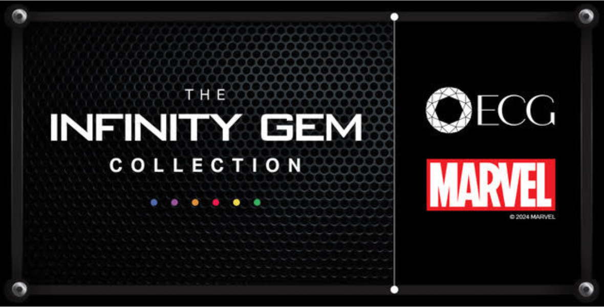 An image for The Infinity Gem Collection. The background is a black honeycomb pattern with the title 'The Infinity Gem Collection' in bold white text. Below the title, there are icons representing the six Infinity Gems in various colors. On the right side, the image features the logos for ECG and Marvel.