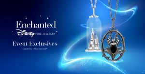 Promotional image for Enchanted Disney Fine Jewelry event exclusives. The image features two necklaces against a blue background with sparkles and light streaks. The necklace on the left showcases a miniature castle inside a glass dome, and the necklace on the right features a pendant with a black heart-shaped gemstone surrounded by an ornate frame with thorn-like designs. The text on the image reads 'Enchanted Disney Fine Jewelry Event Exclusives Limited to 100 pieces each*'