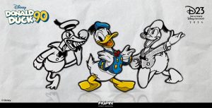 An illustration celebrating Donald Duck's 90th anniversary featuring three versions of Donald Duck. The central figure is a full-color depiction of Donald Duck in his classic sailor outfit with a blue hat and shirt, red bow tie, and yellow beak and feet. On the left and right are black-and-white line drawings of earlier versions of Donald Duck, showing his evolution over the years. The image includes the text 'Disney Donald Duck 90' in the top left corner and 'D23 The Ultimate Disney Fan Event 2024' in the top right corner. The FiGPiN logo with the tagline 'collect awesome.' is at the bottom center.