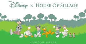 An image for Disney x House of Sillage featuring popular Disney characters walking in a row. From left to right, the characters are Goofy, Donald Duck, Mickey Mouse, Pluto, Minnie Mouse, Daisy Duck, and Chip and Dale. All characters are dressed in casual, coordinated outfits and are set against a green, grassy background with trees in the distance. The text 'Disney x House of Sillage' is at the top, and 'houseofsillage.com' is at the bottom.