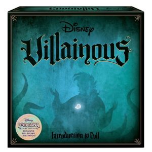 The board game box for Disney Villainous: Introduction to Evil sits against a plain white background. The teal colored box features a shadowy image of Ursula clutching the glowing shell necklace.