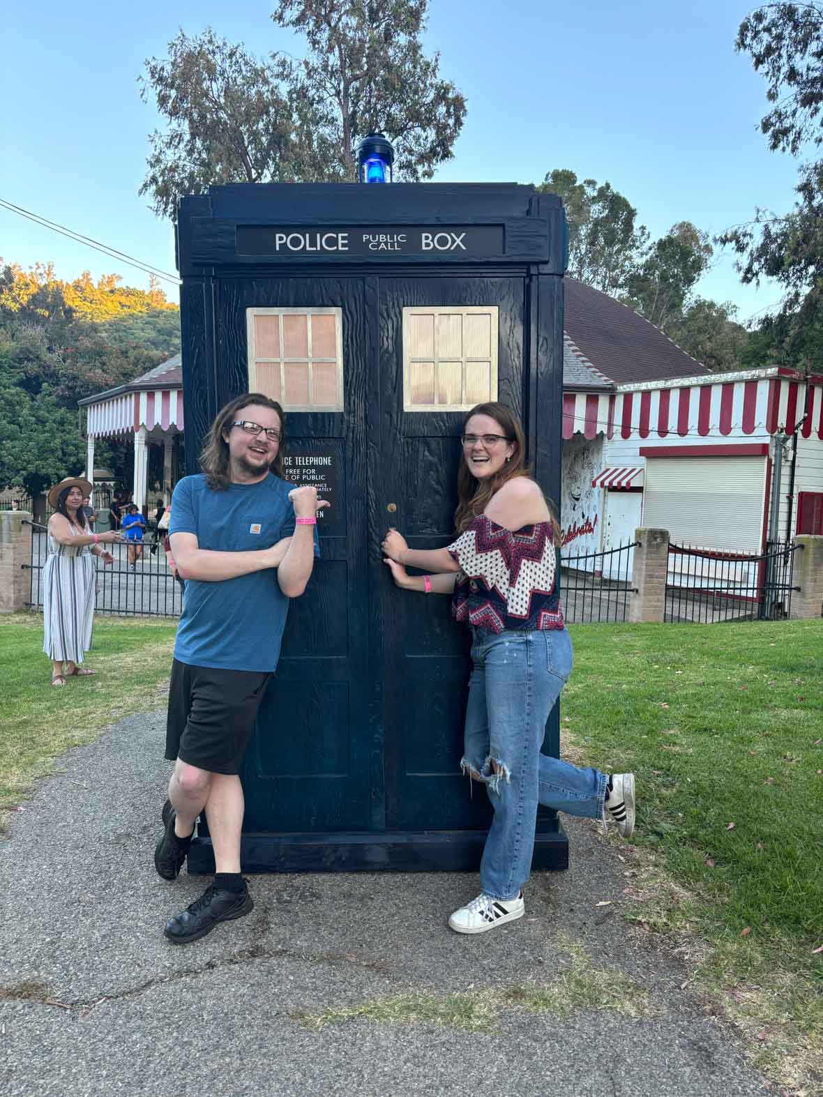 At D23’s recent 60th anniversary screening of Mary Poppins, fans pose in front of the TARDIS, featured in the series Doctor Who and provided by Disney+.