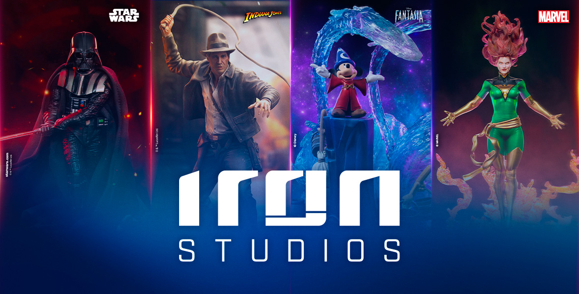 An image for Iron Studios featuring four detailed character statues. From left to right, the characters are Darth Vader from Star Wars, Indiana Jones from Indiana Jones, Mickey Mouse as the Sorcerer's Apprentice from Fantasia, and Jean Grey from Marvel. The background is divided into different sections, each themed according to the character, with the Iron Studios logo prominently displayed in the center.