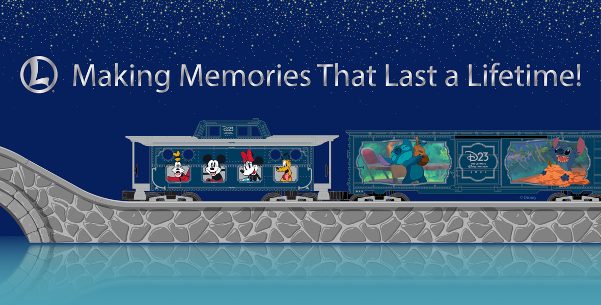 An illustration featuring a train with Disney characters on board, set against a starry night sky. The text above reads 'Making Memories That Last a Lifetime!' The first train car shows Goofy, Mickey Mouse, Minnie Mouse, and Pluto looking out the windows. The second car displays Stitch from 'Lilo & Stitch,' sitting inside with his doll Scrump and playing in the sand. The train is depicted on a stone bridge over a body of water, reflecting the scene above.